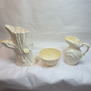 Vintage Belleek Tree Vase And Double Shell Cream And Sugar Set 3rd Green Mark